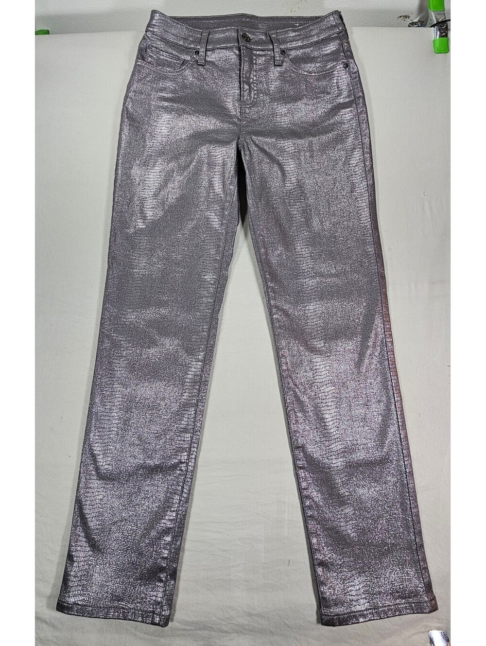 Chico’s Women’s Size 4R Silver Metallic Straight Leg Stretch Jeans Pants